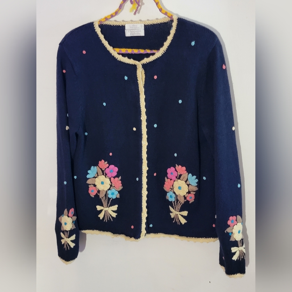 Christopher & Banks Vintage Hand Embroidered Navy Floral Cardigan Sweater